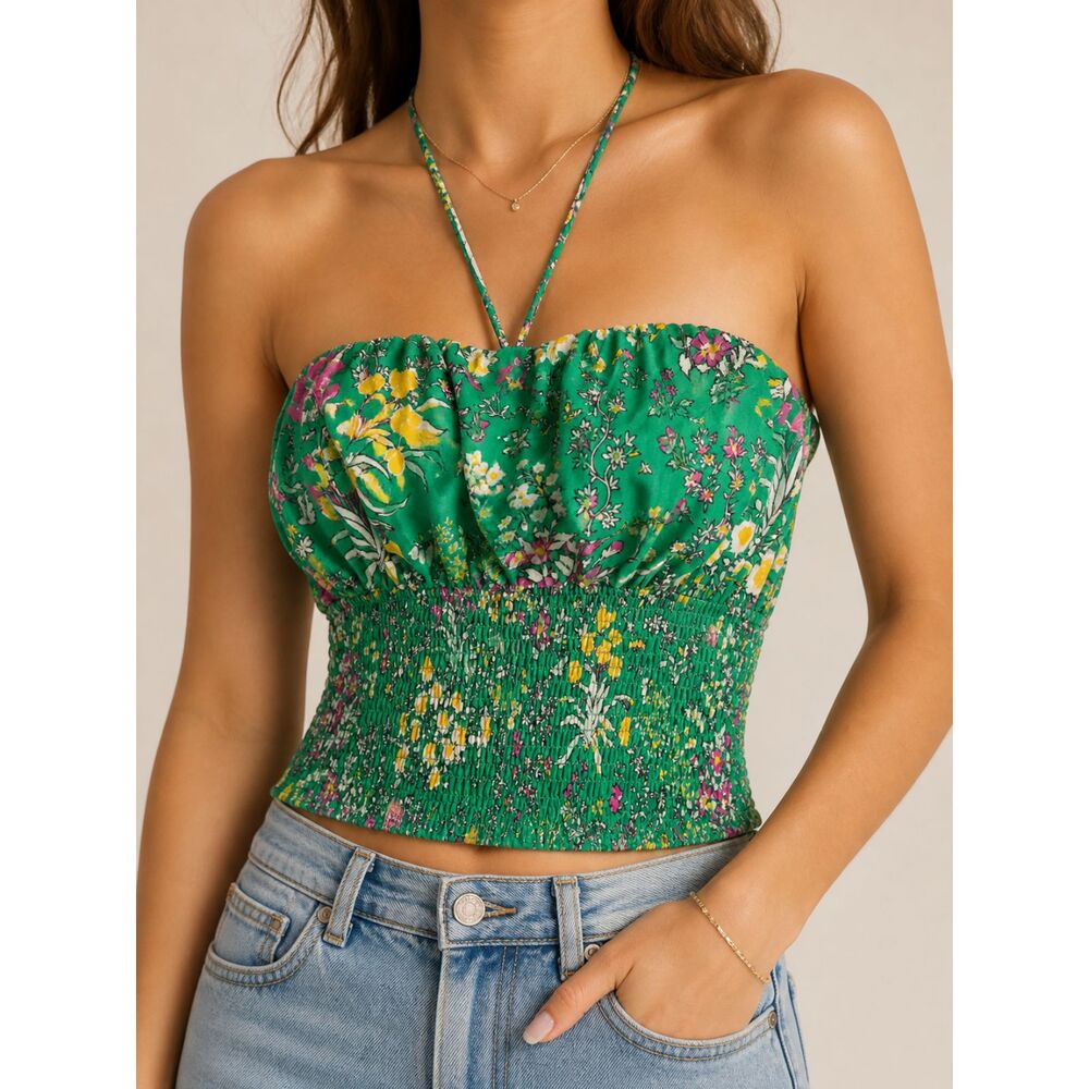 Maeve Anthropologie Green Floral Smocked Halter Crop Top Small Feminine